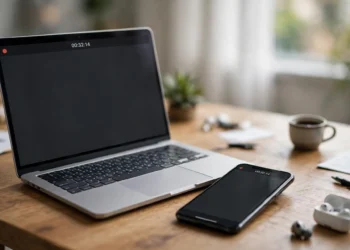 A laptop and smartphone on a desk, both showing a screen recording timer with a red record dot