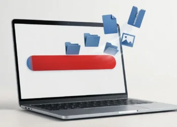 Laptop showing a nearly full disk storage bar with file icons, representing a full C: drive on Windows 11