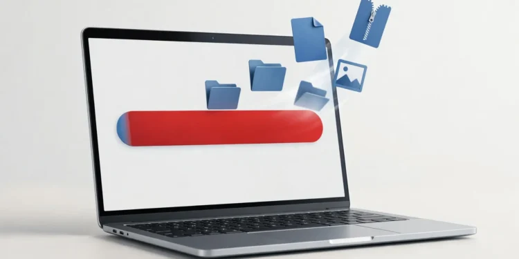 Laptop showing a nearly full disk storage bar with file icons, representing a full C: drive on Windows 11