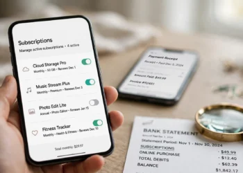 A hand holding a smartphone showing a subscriptions list, next to a paper bank statement with a magnifying glass, illustrating an app subscription audit
