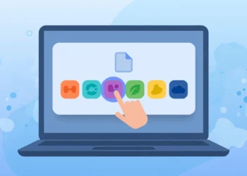 Illustration of a laptop showing an app-chooser dialog with colorful app icons, a finger tapping one icon — representing changing default apps
