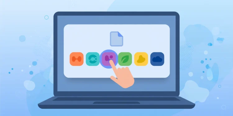 Illustration of a laptop showing an app-chooser dialog with colorful app icons, a finger tapping one icon — representing changing default apps