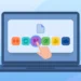 Illustration of a laptop showing an app-chooser dialog with colorful app icons, a finger tapping one icon — representing changing default apps