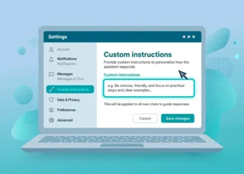 Illustration of a laptop showing ChatGPT's settings panel with the Custom instructions field highlighted