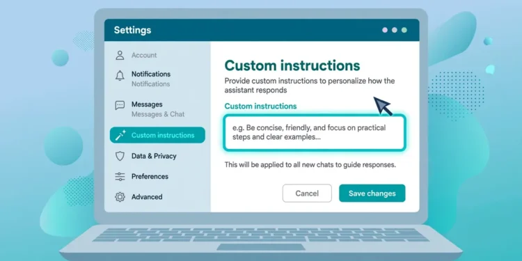 Illustration of a laptop showing ChatGPT's settings panel with the Custom instructions field highlighted