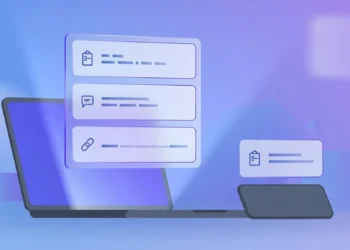 Illustration of a laptop with a floating clipboard history panel showing a list of copied snippets, and a phone beside it with a similar clipboard card