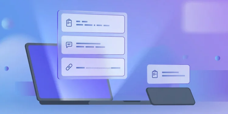 Illustration of a laptop with a floating clipboard history panel showing a list of copied snippets, and a phone beside it with a similar clipboard card