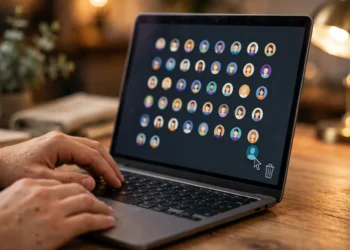 Hands on a laptop dragging an old user-profile avatar into a trash bin on screen — a visual for deleting forgotten online accounts
