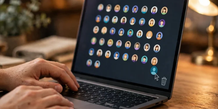 Hands on a laptop dragging an old user-profile avatar into a trash bin on screen — a visual for deleting forgotten online accounts