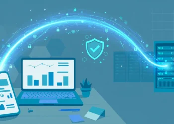 Illustration of a laptop and phone with a glowing encrypted tunnel connecting them to a server rack, with a shield symbol in the middle