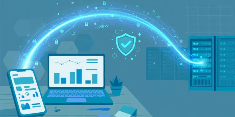 Illustration of a laptop and phone with a glowing encrypted tunnel connecting them to a server rack, with a shield symbol in the middle