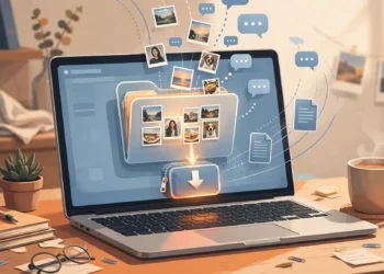 Illustration of a laptop on a home desk with photos, chat bubbles and documents streaming from a social media feed into a zipped download folder, representing downloading a copy of your Facebook data