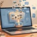 Illustration of a laptop on a home desk with photos, chat bubbles and documents streaming from a social media feed into a zipped download folder, representing downloading a copy of your Facebook data