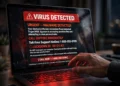 Photorealistic photo of a laptop screen showing a fake red "VIRUS DETECTED" pop-up with a toll-free support phone number and countdown timer, a hand hovering uncertainly over the keyboard