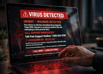 Photorealistic photo of a laptop screen showing a fake red "VIRUS DETECTED" pop-up with a toll-free support phone number and countdown timer, a hand hovering uncertainly over the keyboard