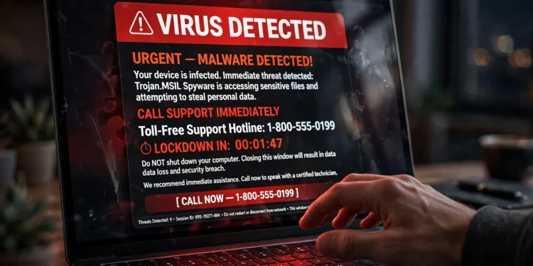 Photorealistic photo of a laptop screen showing a fake red "VIRUS DETECTED" pop-up with a toll-free support phone number and countdown timer, a hand hovering uncertainly over the keyboard