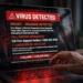 Photorealistic photo of a laptop screen showing a fake red "VIRUS DETECTED" pop-up with a toll-free support phone number and countdown timer, a hand hovering uncertainly over the keyboard