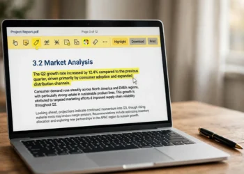 A laptop on a desk showing a PDF document open with a highlighter annotation toolbar, a pen beside it