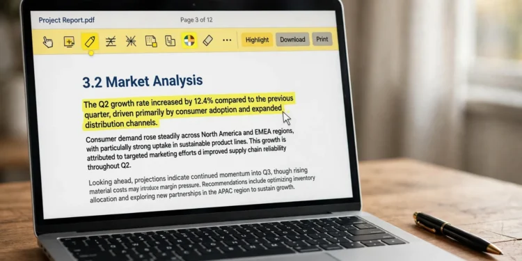 A laptop on a desk showing a PDF document open with a highlighter annotation toolbar, a pen beside it