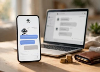 Smartphone and laptop showing AI chatbot conversations beside a wallet and stacked coins on a desk