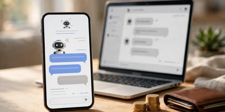 Smartphone and laptop showing AI chatbot conversations beside a wallet and stacked coins on a desk
