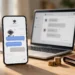 Smartphone and laptop showing AI chatbot conversations beside a wallet and stacked coins on a desk