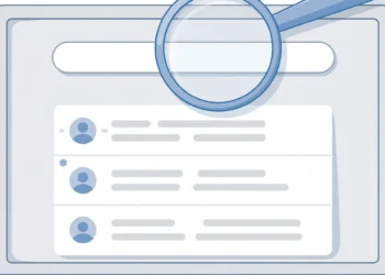 Illustration of an email inbox on a laptop screen with a magnifying glass over the search bar
