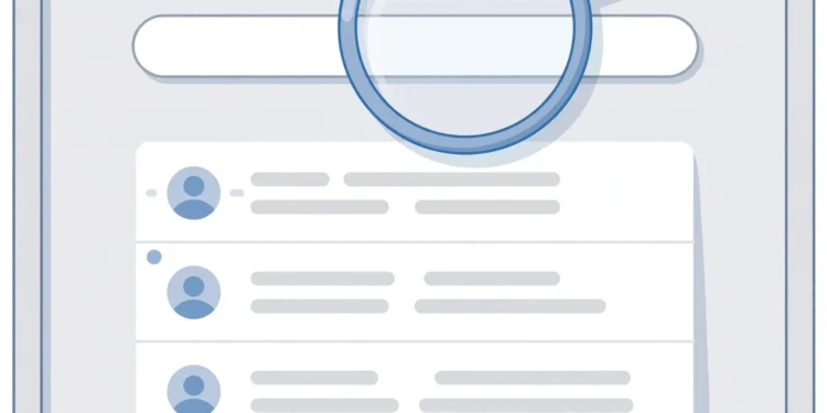Illustration of an email inbox on a laptop screen with a magnifying glass over the search bar