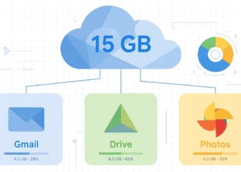 Illustration of Google's free 15 GB cloud storage shared across Gmail, Google Drive and Google Photos