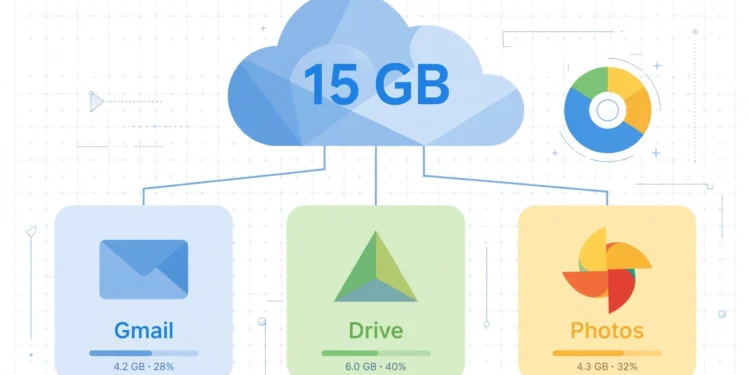 Illustration of Google's free 15 GB cloud storage shared across Gmail, Google Drive and Google Photos