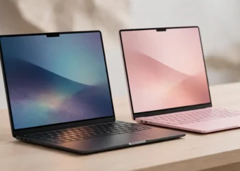 Two laptops side by side on a desk — one dark aluminum, one blush pink — representing the Googlebook and MacBook Neo comparison