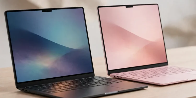 Two laptops side by side on a desk — one dark aluminum, one blush pink — representing the Googlebook and MacBook Neo comparison