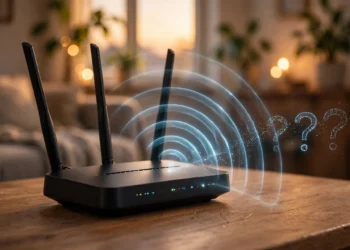 Photorealistic home Wi-Fi router glowing softly in a living room, with signal waves dissolving into question marks to suggest a hidden network name