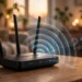 Photorealistic home Wi-Fi router glowing softly in a living room, with signal waves dissolving into question marks to suggest a hidden network name