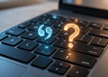 Illustration of a laptop keyboard with mismatched characters glowing above the keys, showing why a keyboard types the wrong characters