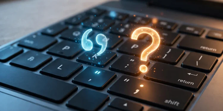 Illustration of a laptop keyboard with mismatched characters glowing above the keys, showing why a keyboard types the wrong characters