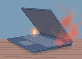Flat illustration of a laptop on a desk with red heat waves rising from its side vents and a glowing thermometer icon above the keyboard