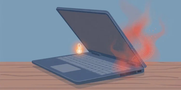 Flat illustration of a laptop on a desk with red heat waves rising from its side vents and a glowing thermometer icon above the keyboard