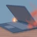 Flat illustration of a laptop on a desk with red heat waves rising from its side vents and a glowing thermometer icon above the keyboard