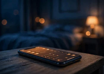 A smartphone on a bedside table at night, its screen glowing with a warm orange tint