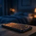 A smartphone on a bedside table at night, its screen glowing with a warm orange tint
