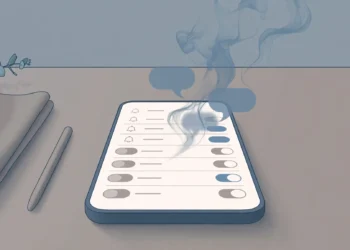 Illustration of a smartphone on a desk with its notification settings screen open, most toggles switched off, faint notification bubbles fading away