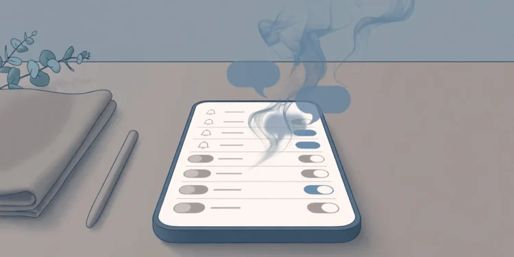 Illustration of a smartphone on a desk with its notification settings screen open, most toggles switched off, faint notification bubbles fading away