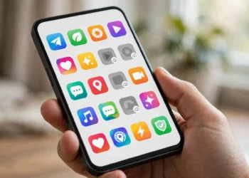 A smartphone showing colorful app icons, several of them greyed out with small cloud-download badges showing they have been offloaded