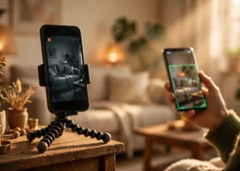 An older smartphone on a small tripod stand on a living room shelf acting as a security camera, its live feed shown on a newer phone held nearby