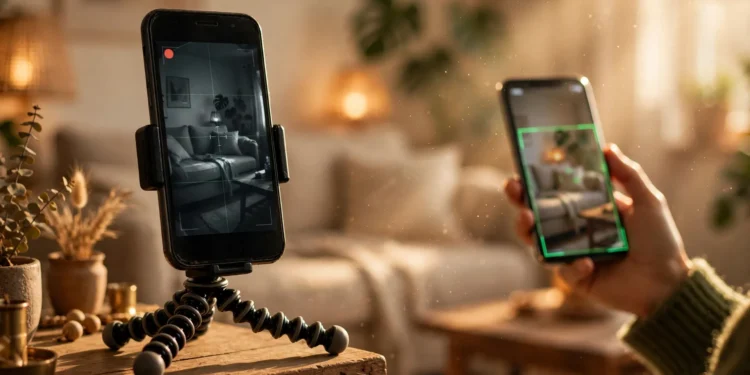 An older smartphone on a small tripod stand on a living room shelf acting as a security camera, its live feed shown on a newer phone held nearby