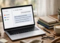 Laptop showing an AI chatbot interface with organized project folders on a tidy desk