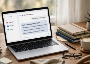 Laptop showing an AI chatbot interface with organized project folders on a tidy desk