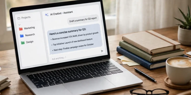 Laptop showing an AI chatbot interface with organized project folders on a tidy desk