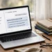 Laptop showing an AI chatbot interface with organized project folders on a tidy desk